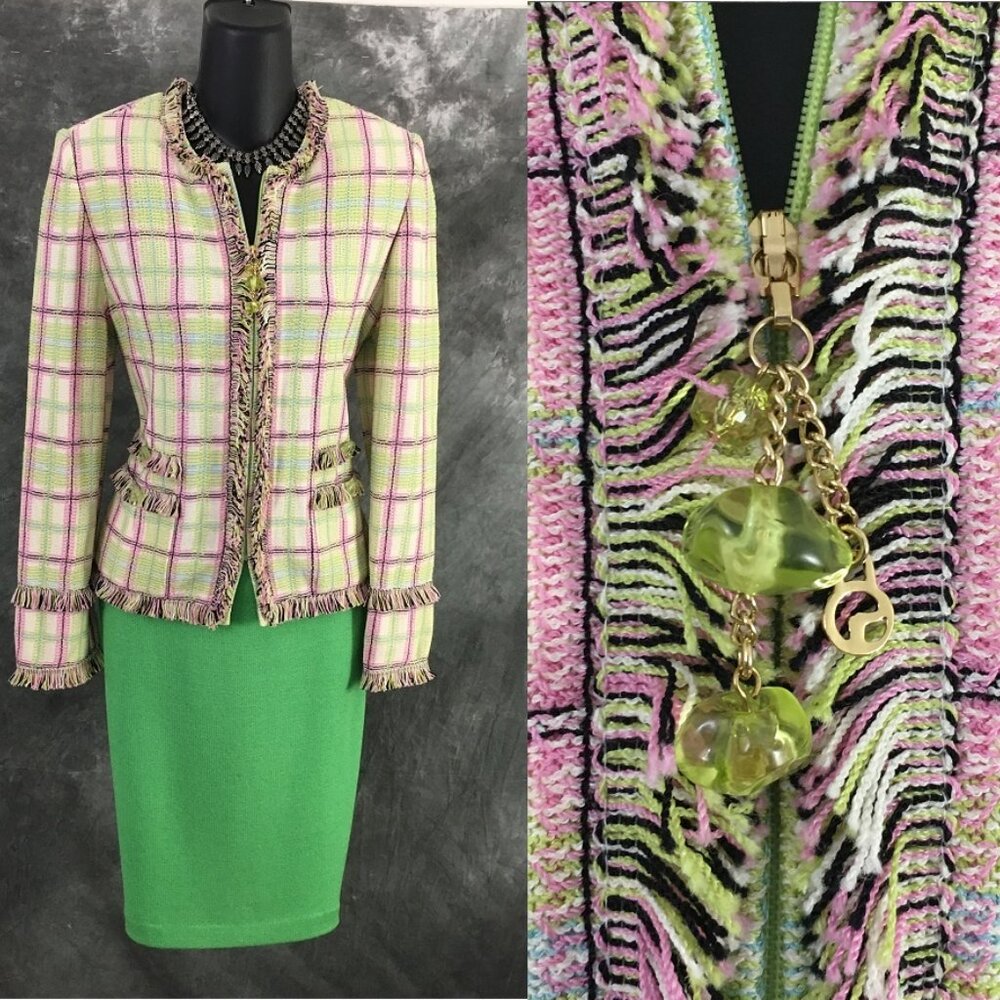 BEAUTIFUL St John collection knit purple green multi jacket skirt suit size 4